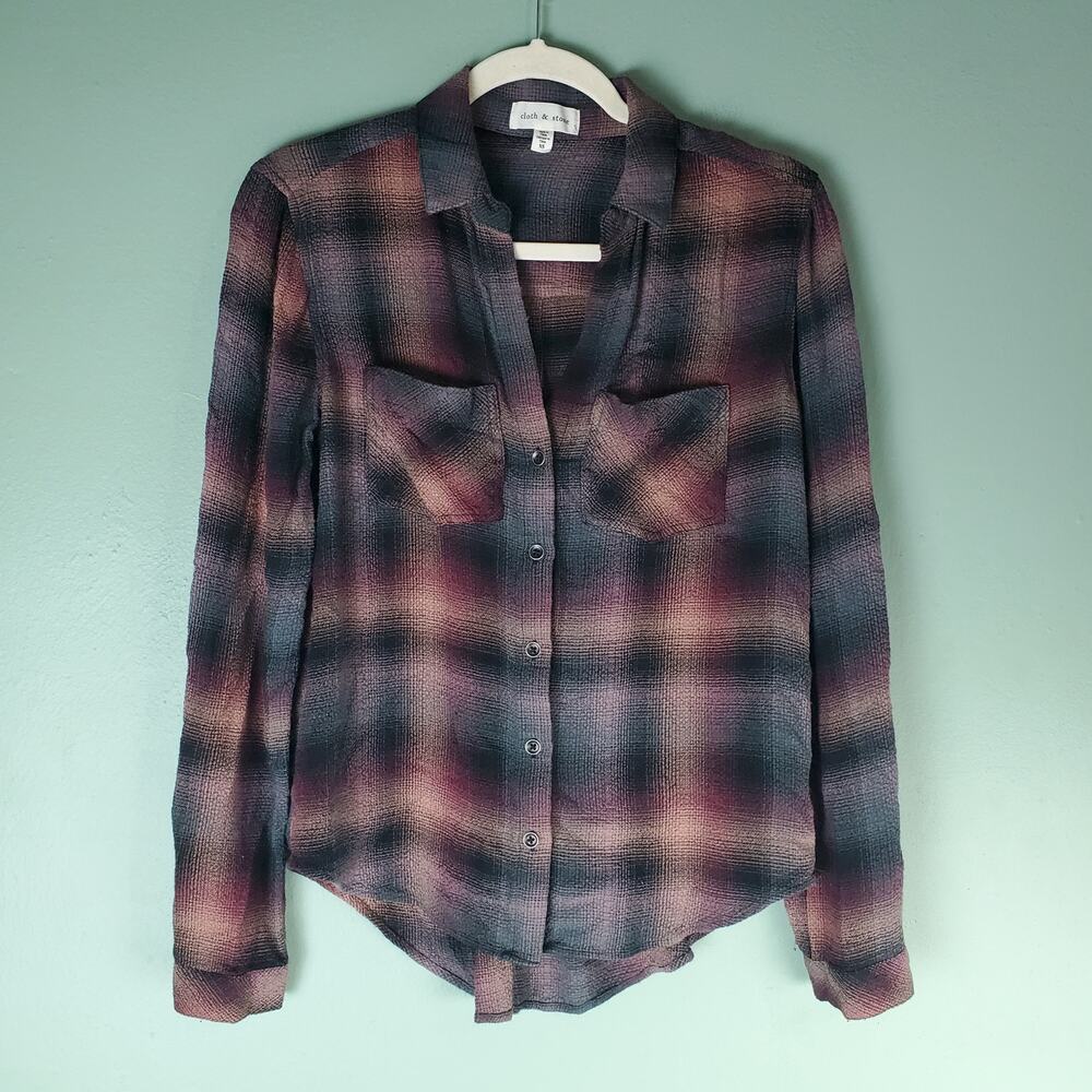 Cloth & Stone Womens Two Pocket Plaid Button Up LS Shirt Size XS Canyon Pucker
